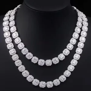RENSINO VVS Moissanite 10mm Square 925 Sterling Silver Tennis Bracelet Chain Necklace