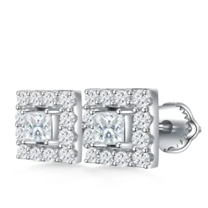 RENSINO VVS Moissanite Mix Sizes Stones Luxury Earrings Princess Shape 925 Sterling Silver 3.0mm Moissanite Stud Earrings for Ladies
