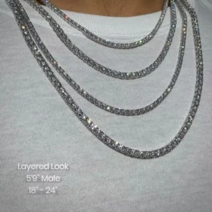 RENSINO VVS Moissanite Tennis Chain 925 Sterling Silver White Gold Rhodium Plated 2MM 4MM Iced Necklace Luxury