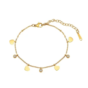 RENSINO Vacation Style Chain Heart Charm Anklet with Cubic Zirconia Stainless Steel Jewelry