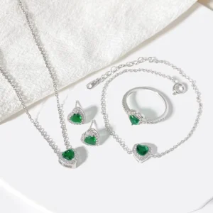 RENSINO Valentine Heart Jewelry Set Cubic Zirconia Green Heart Earring Non Tarnish Iced Out Ring Necklace Set 925 Sterling Silver Women