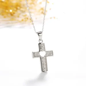 RENSINO Valentine’S Day Gift 925 Sterling Silver Jewelry Pendants Rhodium Plated Micro Pave Love Heart Cross Pendant