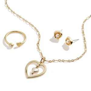 RENSINO Valentine’s Fine Jewelry Unique Sweet Custom Korean Vintage 925 Silver Pearl Heart Necklaces Stud Earring Rings Set for Women