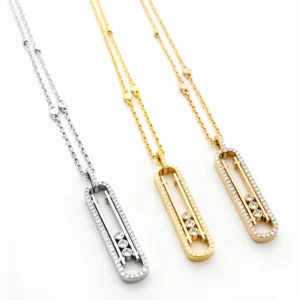 RENSINO Valentine’s Gift For Her Trendy Rhodium Plated Link Chain Large Moving Pendant Full Pave Sliding Three-Stone Necklace