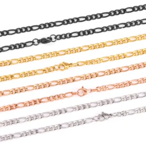 RENSINO Various Size Stainless Steel Figaro Necklace Chain Silver Gold Rose Gold Plated 1:3 NK Chain Necklace