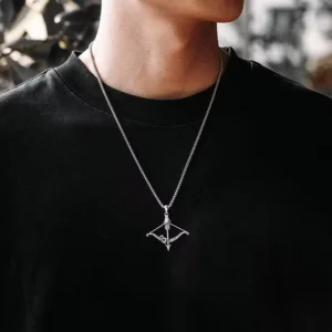 RENSINO Versatile Stainless Steel Chain Alloy Pendant 3D Bow Arrow Necklace Men’s Hip Hop Sweater Chain Accessory for Men
