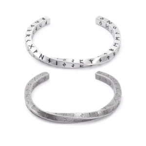 RENSINO Viking Rune Twist Bracelet 4 Sided Engraved Stainless Steel Cuff Custom Norse Runes Adjustable Bangle Unisex Nordic Gift Jewelry