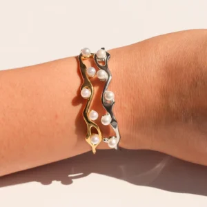 RENSINO Vintage 18K Gold Plated C Shaped Open Stainless Steel Twist Cuff Bangle Bracelet for Women