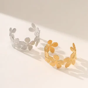 RENSINO Vintage 18K Gold Plated Stainless Steel Flower Cuff Bracelet Open Adjustable Floral Bangles for Women