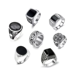 RENSINO Vintage 925 Sterling Silver Black Zircon Ring Classic Oval Cut Diamond Shape Stylish Finger Jewelry for Men’s Anniversary