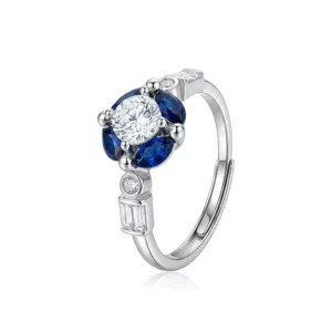 RENSINO Vintage 925 Sterling Silver Blue Sapphire Zircon Ring