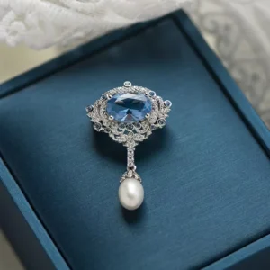 RENSINO Vintage 925 Sterling Silver Brooch Blue Spinel Zirconia Brooches Freshwater Pendant Brooch
