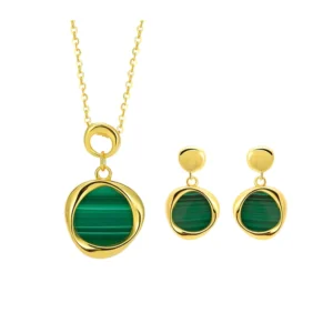 RENSINO Vintage 925 Sterling Silver Women’s Jewelry Set Geometric Natural Malachite Rhodium Gold Plated Necklace Earrings Parties