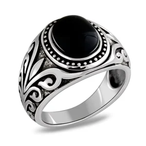 RENSINO Vintage Agate Stone Setting 925 Sterling Silver Rings Men