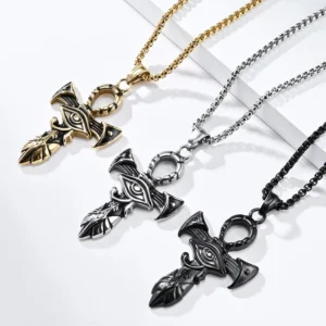 RENSINO Vintage Ancient Egyptian Horus Eye Ankh Cross Sword Stainless Steel Pendant Fashion Jewelry Necklace for Men Religious