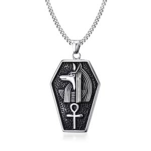 RENSINO Vintage Ancient Egyptian Myth Death Gods Anubis Ankh Necklace Stainless Steel Wolf Cross of Life Silver Pendant Necklace Men