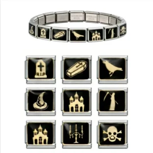 RENSINO Vintage Black Skull Raven Ghost Halloween Day’s Charm Links Fit 9mm Bracelet Stainless Steel Making DIY Jewelry