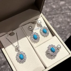 RENSINO Vintage Blue Nature Stone Silver Zircon Flower Pattern Freshwater Pearl Earrings Pendant Ring Fine Jewelry Set for Wedding