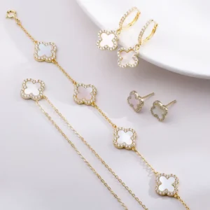 RENSINO Vintage Brand Designer Luck Clover Pendant Jewellery 925 Sterling Silver 12mm Four-Leaf Clover Charms Necklace Jewelry Set