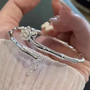 RENSINO Vintage Cane shaped Bangle for Young Ladies Good Luck Bamboo Style Open mouthed Lotus shaped Silver Plated Fashionable