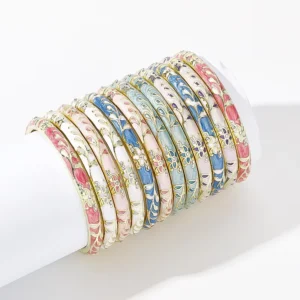 RENSINO Vintage Chinese Cloisonne Enamel Bangle Women Ethnic Peony Flower Alloy Open Cuff Bracelet Retro Bohemian Stackable Jewelry Gift