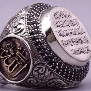 RENSINO Vintage Design Arabic Font Rings Hand Jewelry Vintage Thai Silver Plated Saudi Black Zircon Ring Islamic for Men