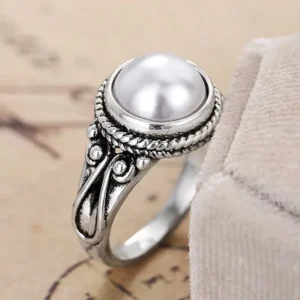RENSINO Vintage Ethnic Style Imitation Pearl Round Inlaid Silver Plated Cocktail Rings Women Classic Jewelry