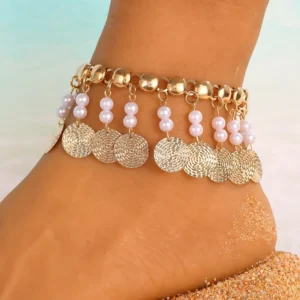 RENSINO Vintage Ethnic Style Tassel Anklet Bohemian Shell Pearl Beach Vacation Foot Jewelry Seashell Leaves Pendant for Women