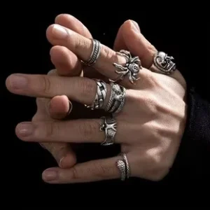 RENSINO Vintage Geometric Hip Hop Punk Men’s Ring Set Fashion Silver Plated Gothic Men’s Ring Popular Jewelry