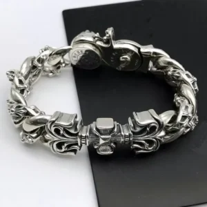 RENSINO Vintage Gothic Cross Chain Bracelet Retro Silver Plated Thick Link Biker Bracelet with Punk Style Jewelry for Men and Women