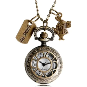 RENSINO Vintage Hollow Flower Small Pocket Watch With Chain Tiny Rabbit Necklace Charm Locket Pendant Antique Jewelry For Gift