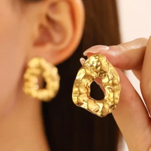 RENSINO Vintage Irregular Cutout Shape Stud Earrings Silver Titanium Steel Pleated Large Round Stud Earrings for Women Party Jewelry