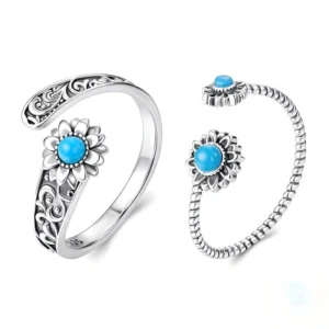 RENSINO Vintage Jewelry 925 Sterling Silver Ring Inlaid Blue Turquoise Engrved Pattern Flower Open Rings for Unisex