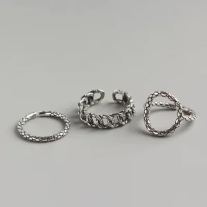 RENSINO Vintage Korean Style S925 Sterling Silver Snake Pattern Open Ring Set Classic Geometric Stripe for Anniversary