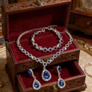 RENSINO Vintage Luxury Blue Gemstone Rhinestone 925 Silver Alloy Plated Jewelry Set With Earrings Necklace Bracelet For Wedding & Party