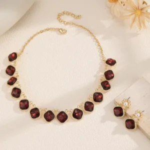 RENSINO Vintage Red Gem Choker Jewelry Set 18K Gold Plated Alloy for Party Gown Gift Fashion Accessory