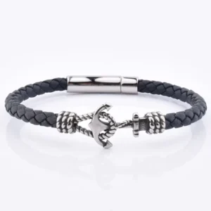 RENSINO Vintage Silver Clasp Bracelets Men Jewelry Charm Anchor Leather Bracelet