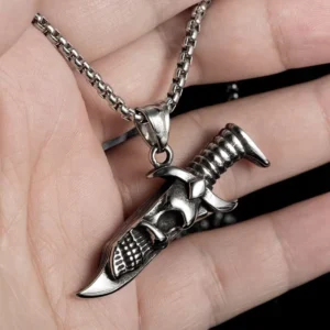 RENSINO Vintage Silver Dagger Necklace with Skull Stainless Steel Box Chain Mens Fashion Alloy Jewelry Wedding Gift for Boys