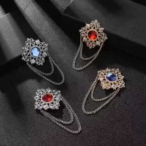 RENSINO Vintage Silver Plated Unisex Suit Pin Brooch With Gemstone And Chain For Wedding Engagement Party Gift Alloy Jewelry