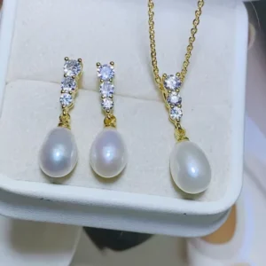 RENSINO Vintage Simple Style Freshwater Pearl Earrings Necklace for Women Natural Shiny Zircon Drop Necklace Jewelry Set