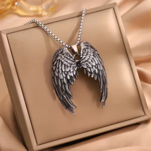RENSINO Vintage Stainless Steel Angel Wing Pendant Sweater Chain For Men And Women Fashionable And Personalized
