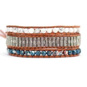 RENSINO Vintage Style Howlite Jasper Silver Plated Tin Alloy Bracelet for Women 3-Wrap Adjustable Leather Bangles Anniversary