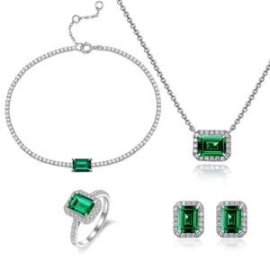 RENSINO Vintage Style Lab Grown Emerald 925 Sterling Silver Jewelry Set Necklace