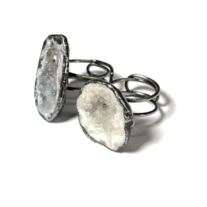 RENSINO Vintage Style Natural Geode Crystal Agate Handmade Welded Silver Plated Electroplated Adjustable Unisex Open Ring For Gift
