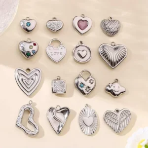 RENSINO Vintage Style Stainless Steel Necklace with Silver Heart Charms for Jewelry Making with Diamond As the Main Stone