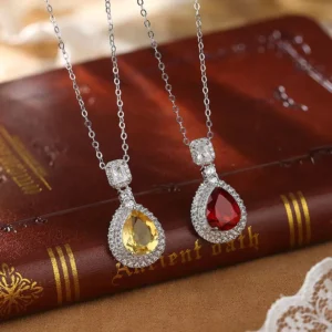 RENSINO Vintage Teardrop Natural Gemstone Necklace 925 Silver Hypoallergenic Pendant Women Gift Custom Velvet Box
