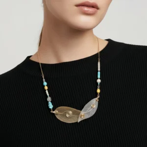 RENSINO Vintage Two Tone Double Leaf Charm Pendant Necklace With Freshwater Pearl Bohemian Style Copper Alloy Link Chain Women’s Gift