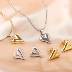 RENSINO Vintage Women’s 18K Gold Silver Heart Pendant with Link Chain Fashion Stainless Steel Jewelry Set Including Earring Necklace