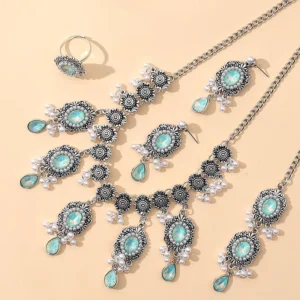 RENSINO Vintage Women’s Wedding Jewelry Set Crystal Pendant Necklace with Purple Rhinestone Earrings Alloy Material for Anniversary