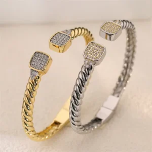 RENSINO Vintage Women’s Zircon Brass Cuff Bracelet with Ring Set 18K Gold Plated Bangle Jewelry for Party Occasions